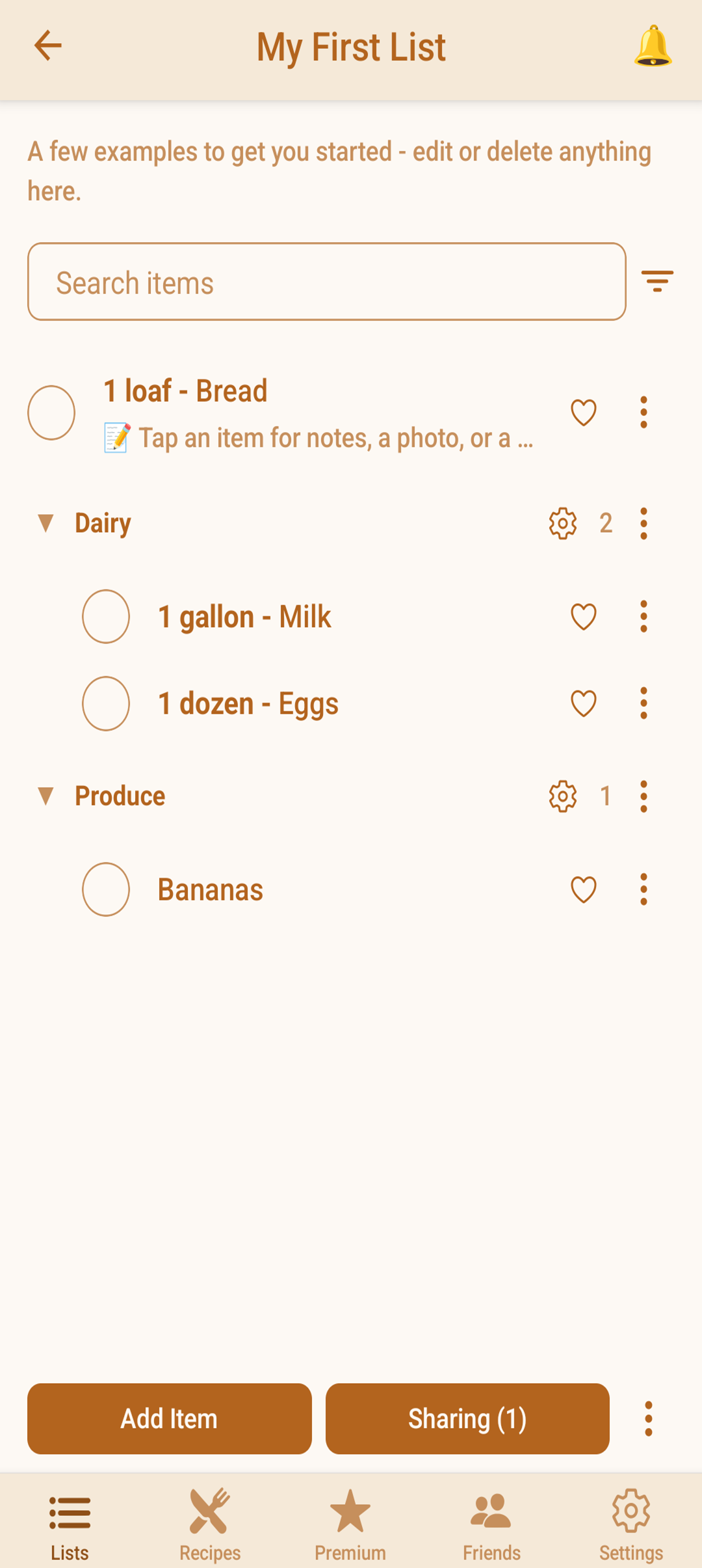 A grocery list with items automatically grouped by aisle