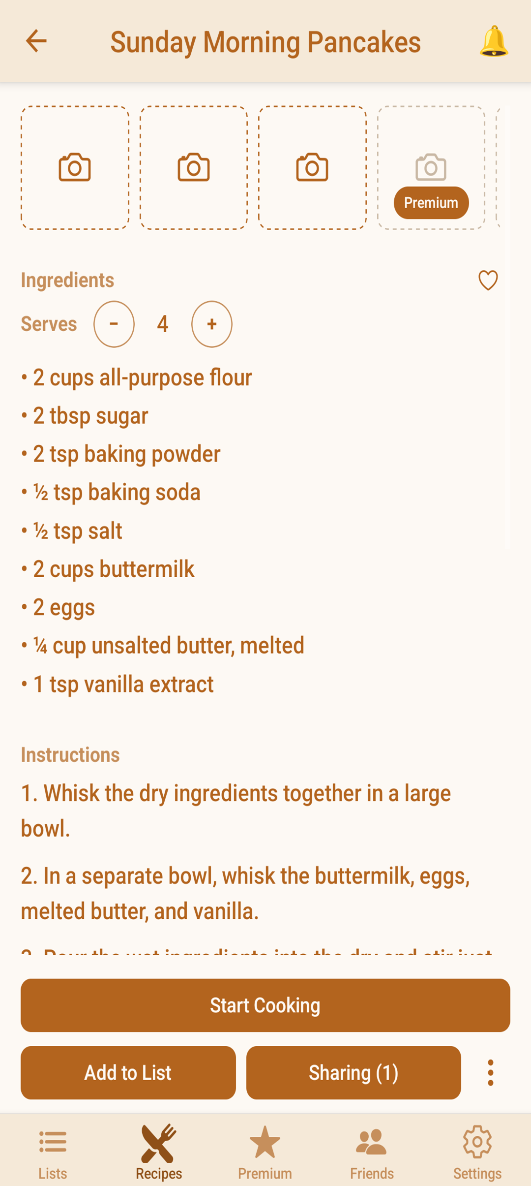 A recipe detail screen with ingredients, instructions, and a Start Cooking button