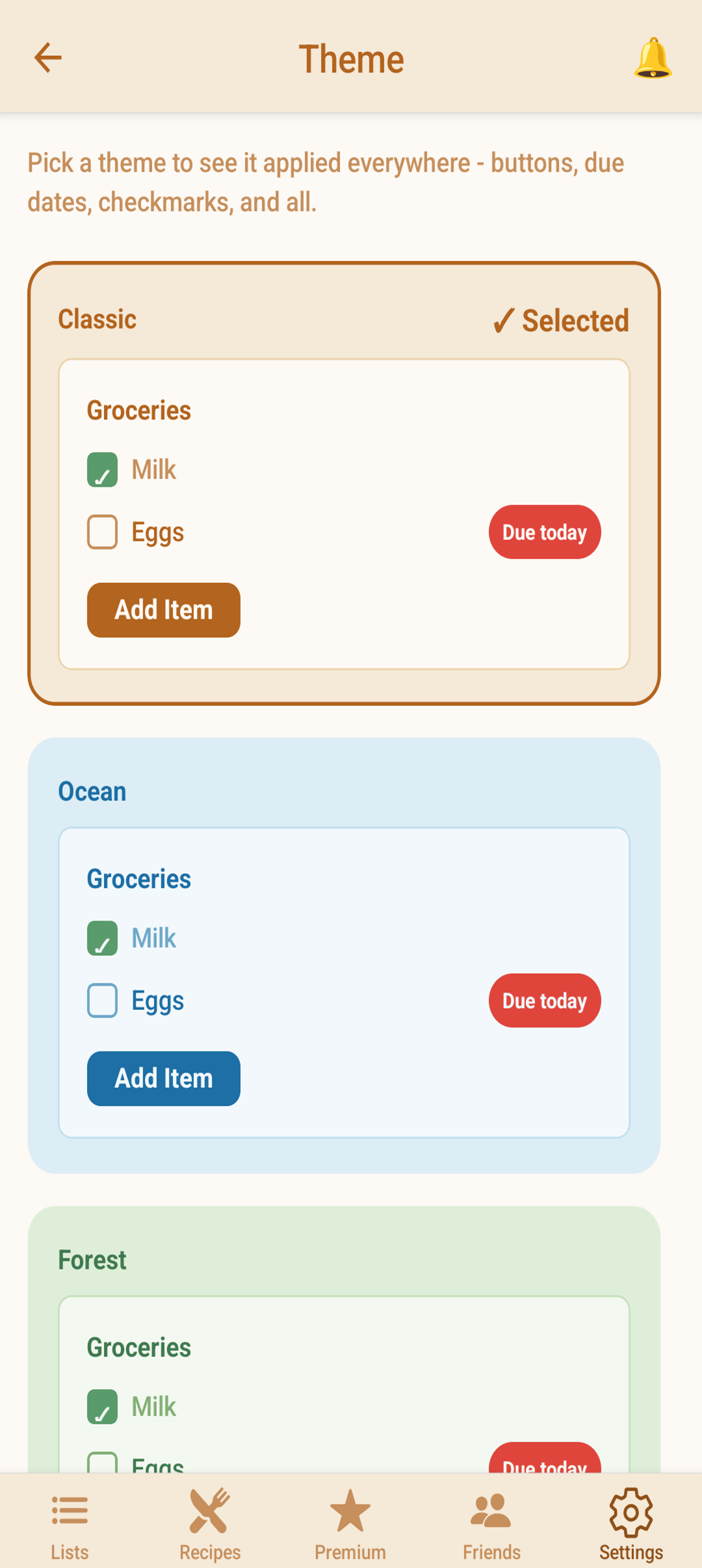 The theme picker showing Classic, Ocean, and Forest color themes