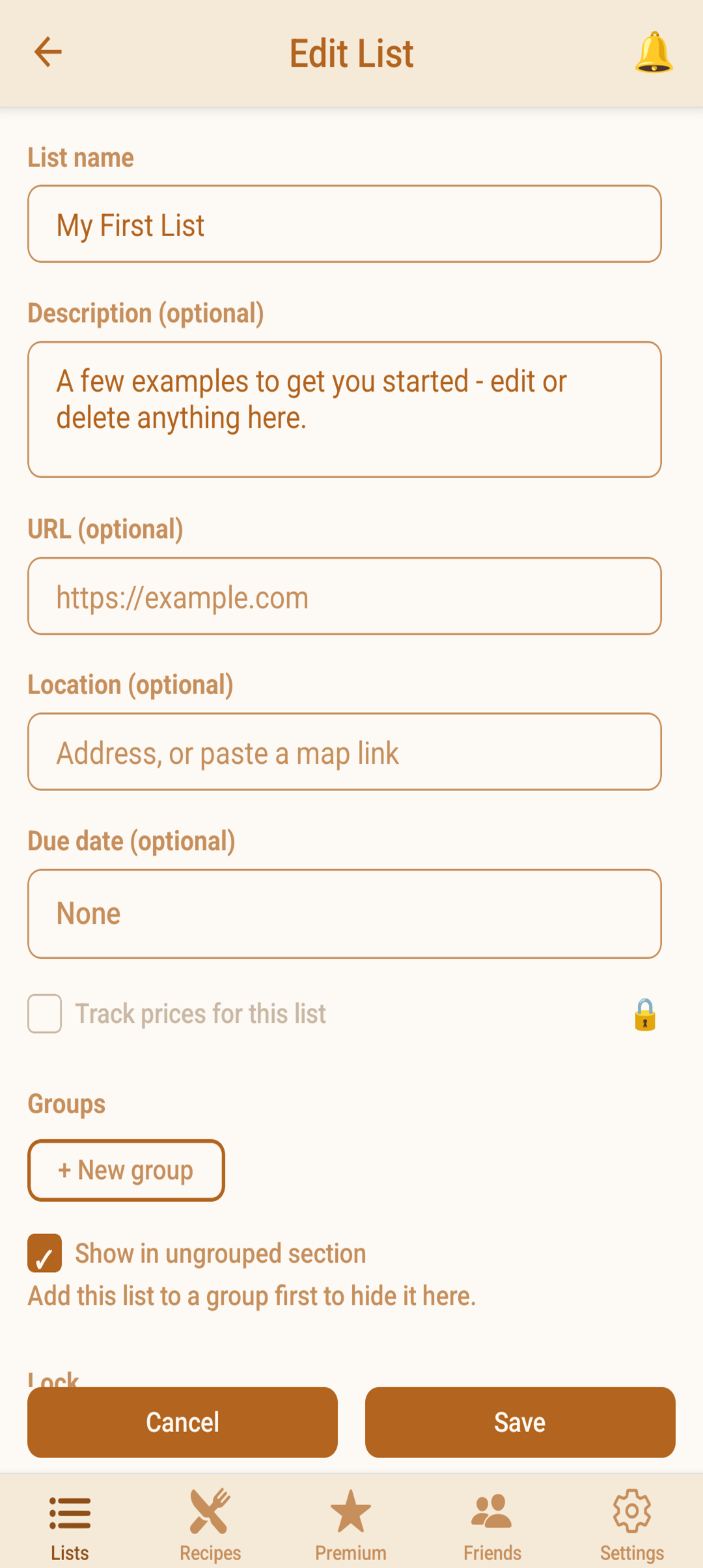 The edit list screen with due dates, location, price tracking, and groups