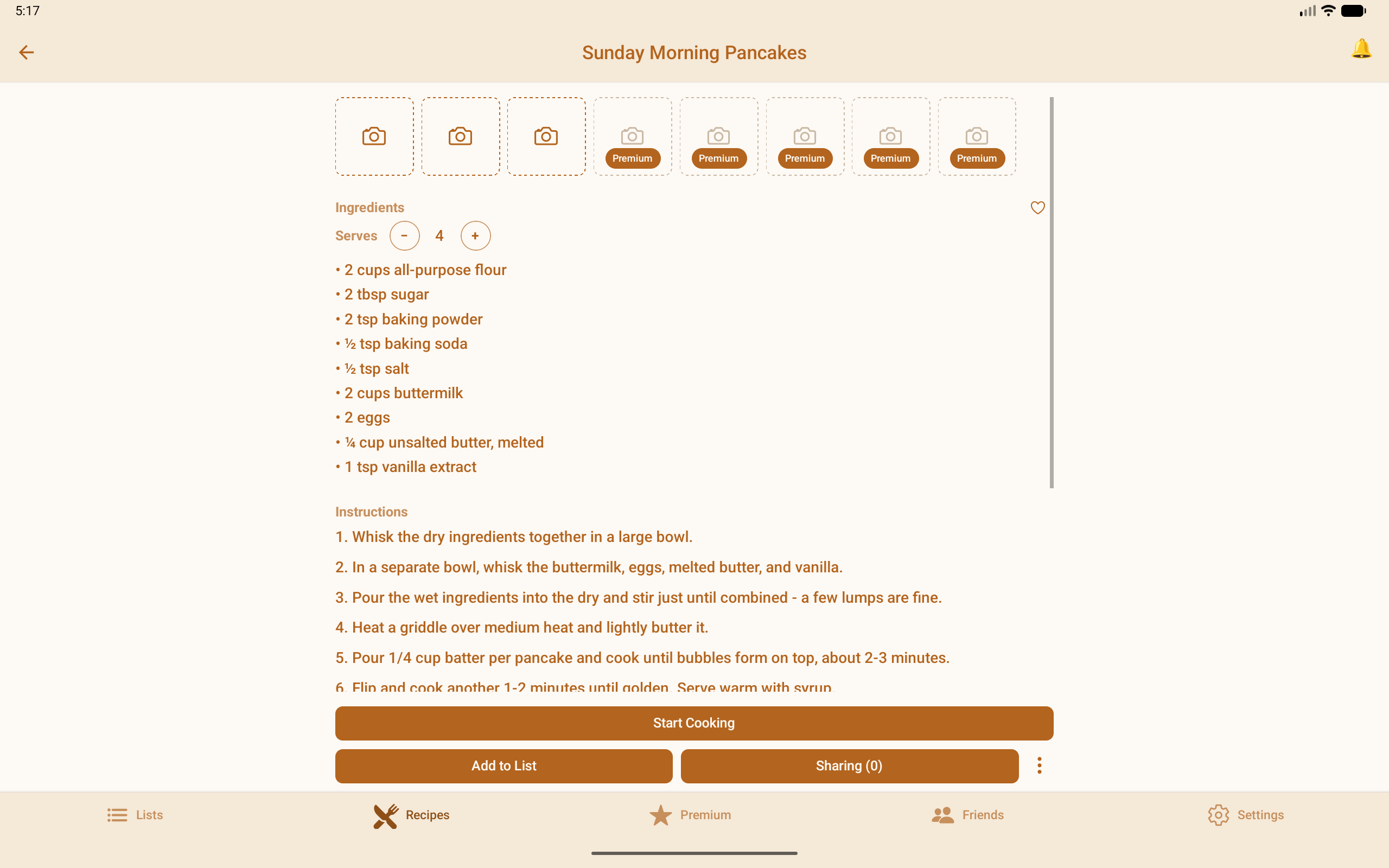A recipe detail screen with ingredients, instructions, and a Start Cooking button, on a tablet