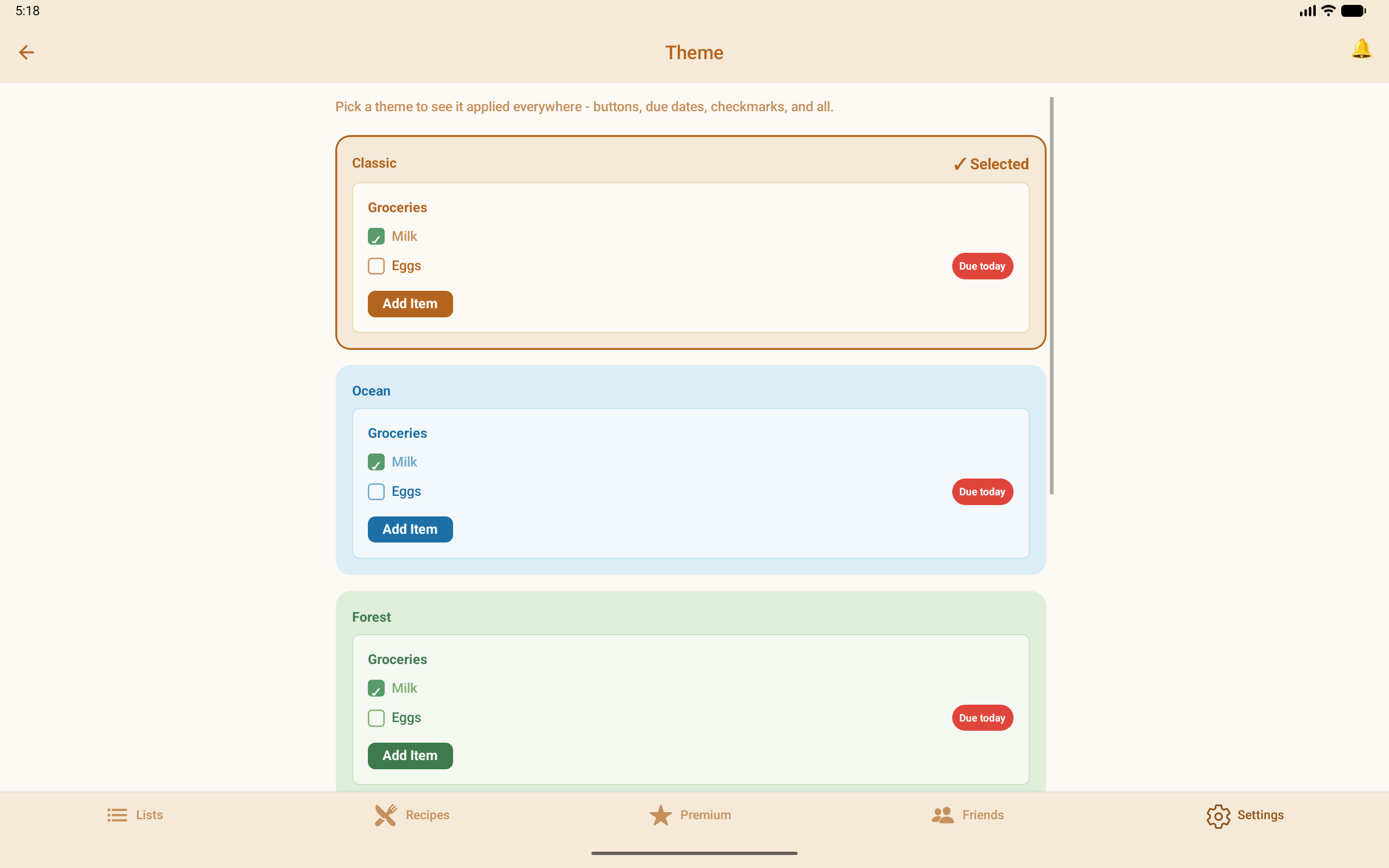 The theme picker showing Classic, Ocean, and Forest color themes, on a tablet