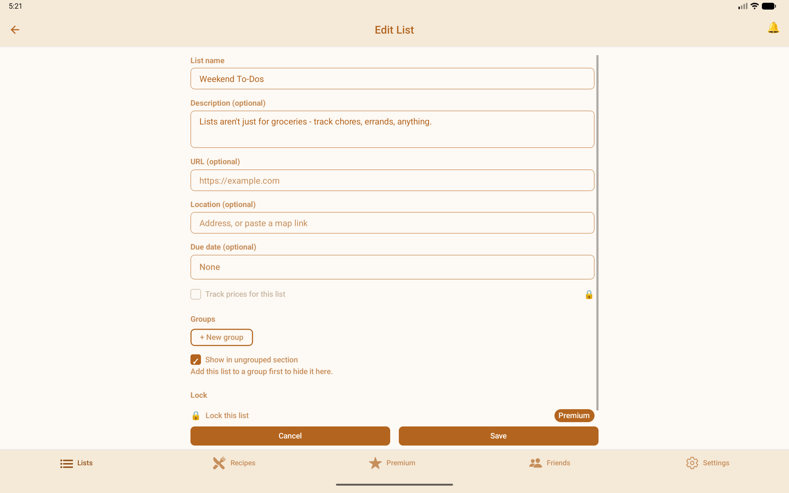 The edit list screen with due dates, location, price tracking, and groups, on a tablet